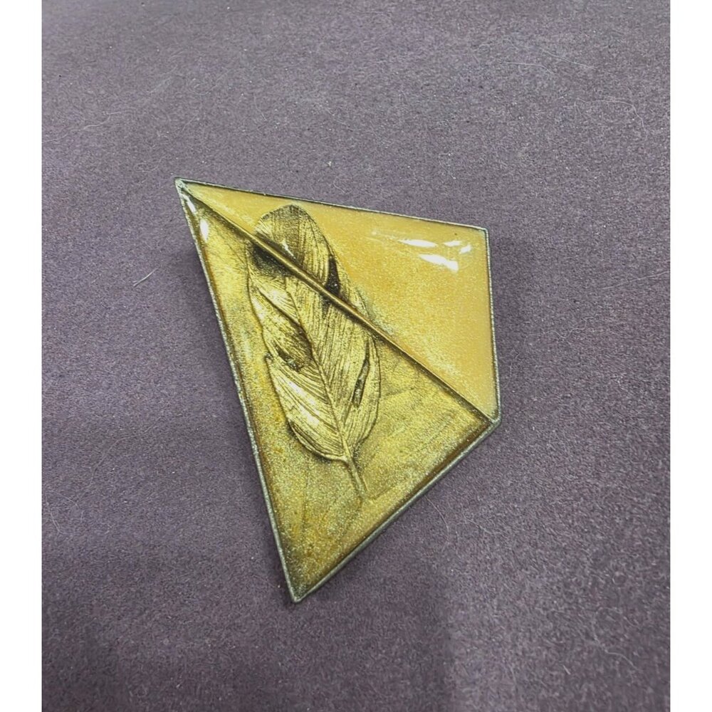 Vintage Triangular Gold Feather Brooch Pin Textured Metal Back Elegant Jewelry A